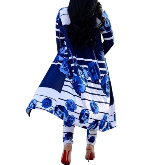 Meliah White Navy Blue Stripe Florals Open Front Cardigan Leggings 2 Piece Suit - Picture 2 of 3